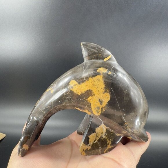 Hand Polished Marble Heavy Dolphin Figurine Animal Brown Multicolor Vintage - Picture 7 of 14